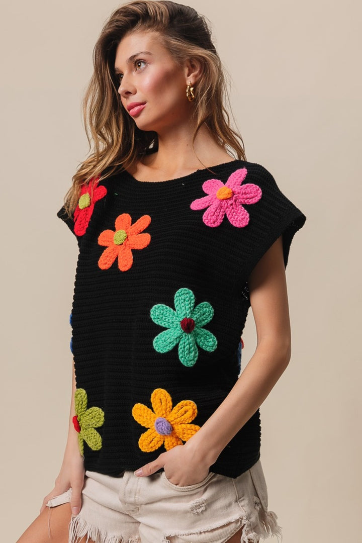 BiBi Flower Round Neck Cap Sleeve Knit Top