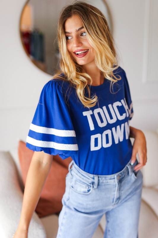 Stand Out Blue "TOUCHDOWN" Sequin Bubble Sleeve Game Day Top