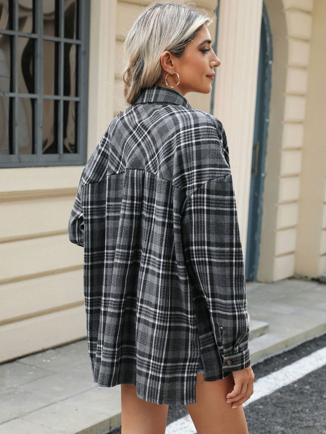 Pocketed Plaid Collared Neck Long Sleeve Shirt