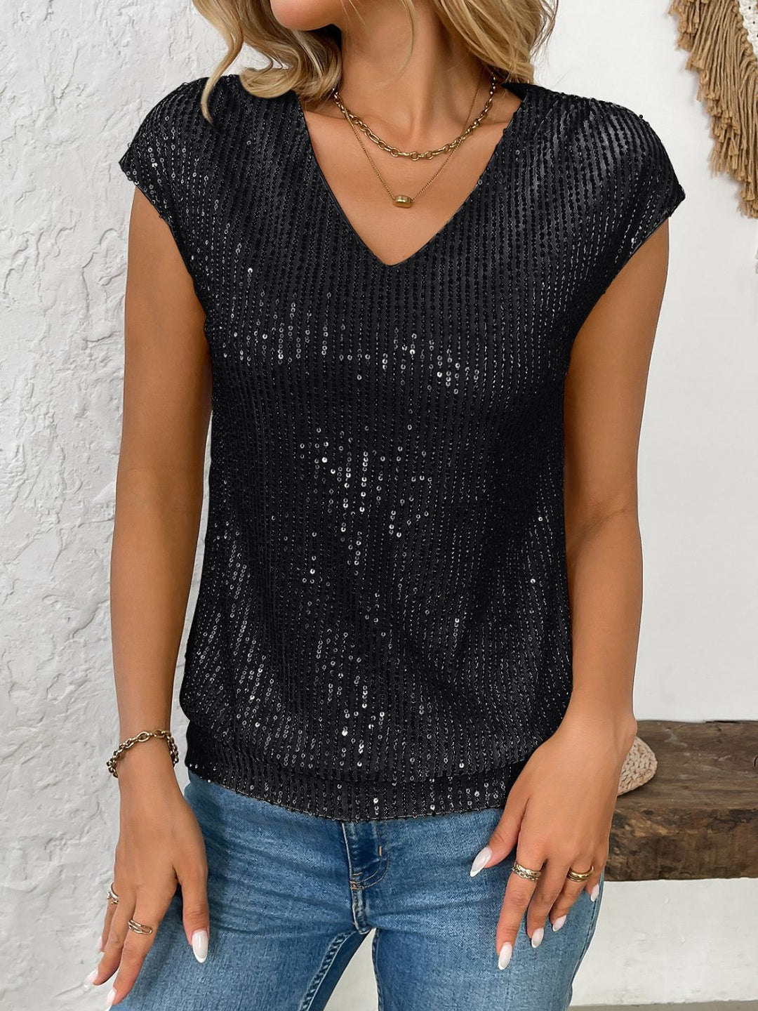 Sequin V-Neck Cap Sleeve Top