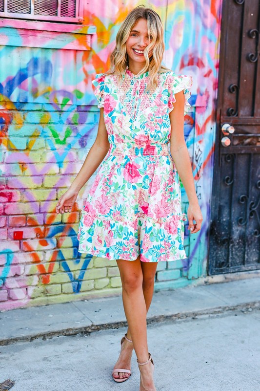 Under Your Spell Floral Smocked Flutter Sleeve Ruffle Mini Dress