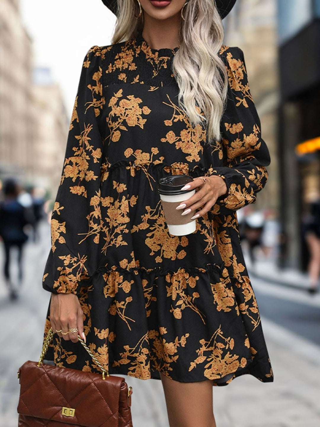 Frill Printed Long Sleeve Mini Dress