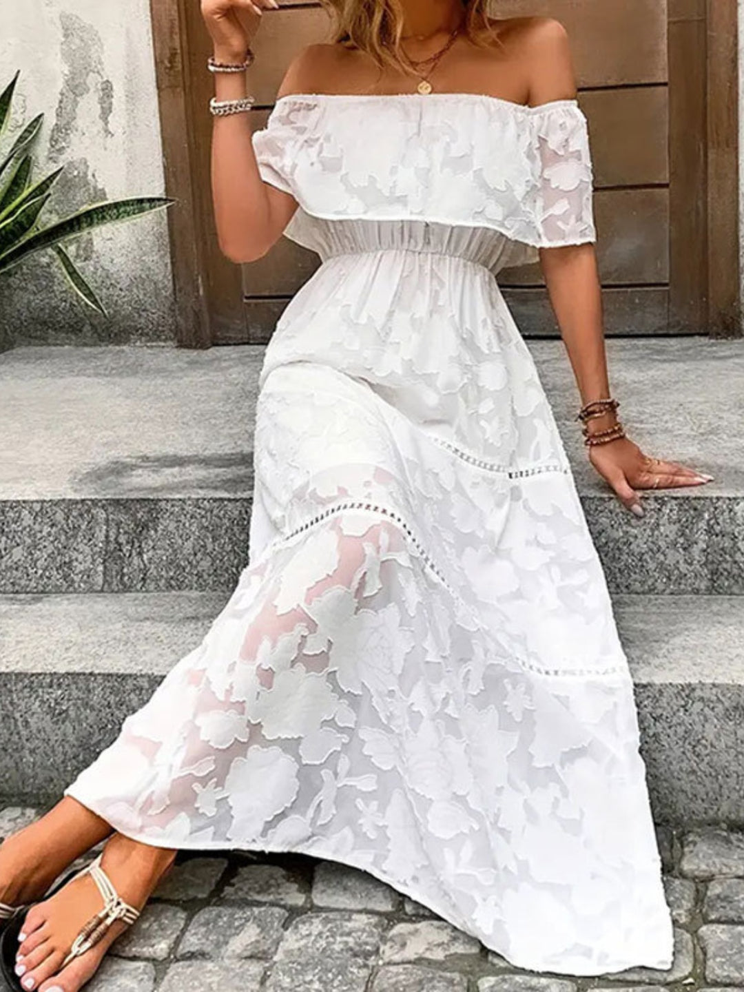 Off-Shoulder Short Sleeve Maxi Dress