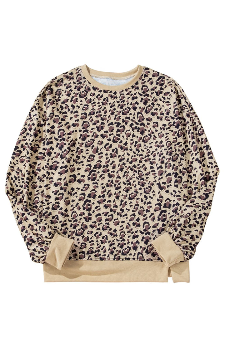 Slit Leopard Round Neck Long Sleeve Sweatshirt