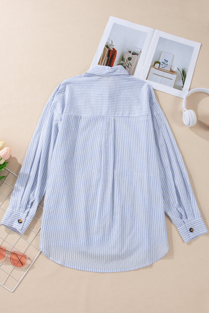 High-Low Striped Collared Neck Long Sleeve Shirt