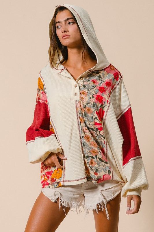 BiBi Contrast Stitching Floral Half Button Hoodie