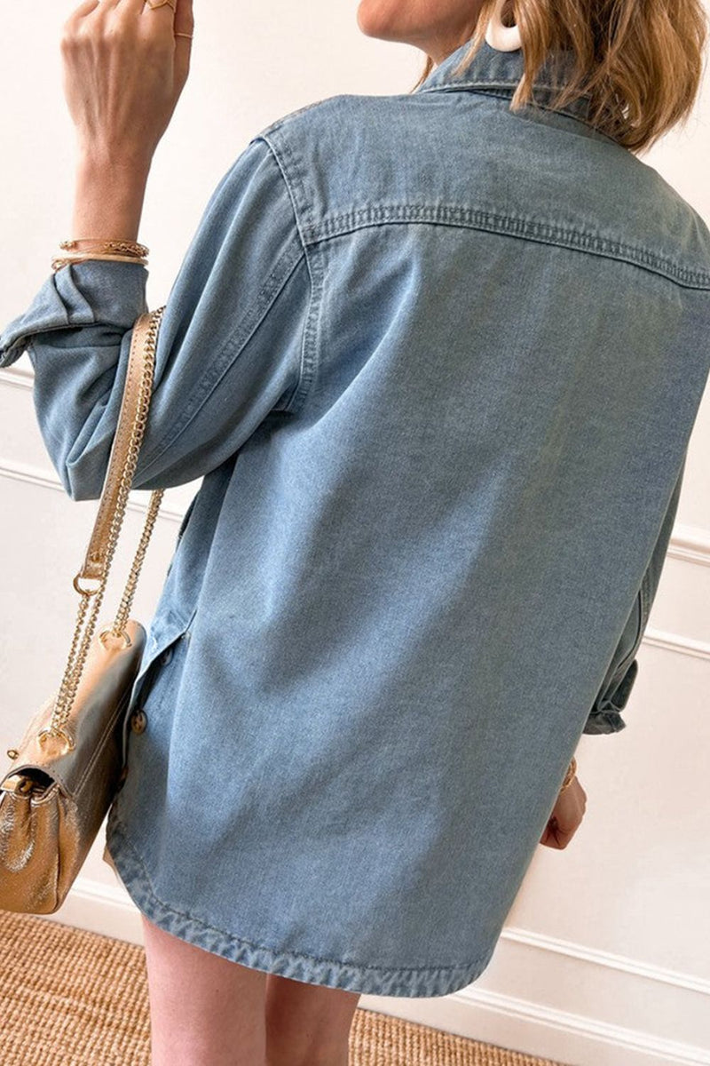 Pocketed Button Up Long Sleeve Denim Jacket