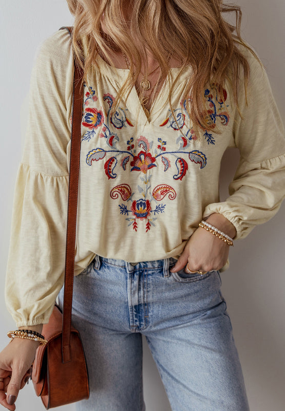 Embroidered Notched Long Sleeve Blouse