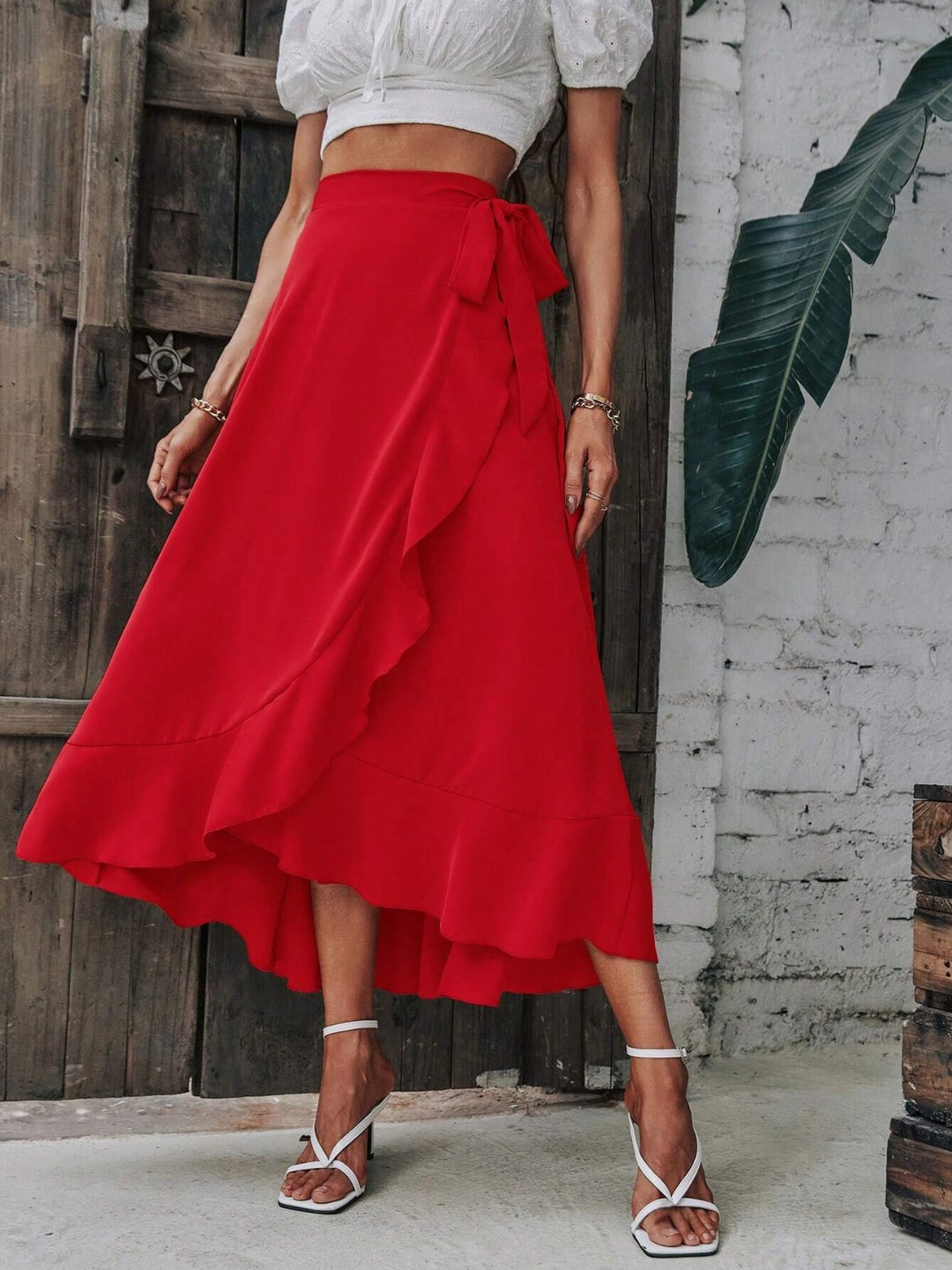 Tied Ruffled Midi Skirt