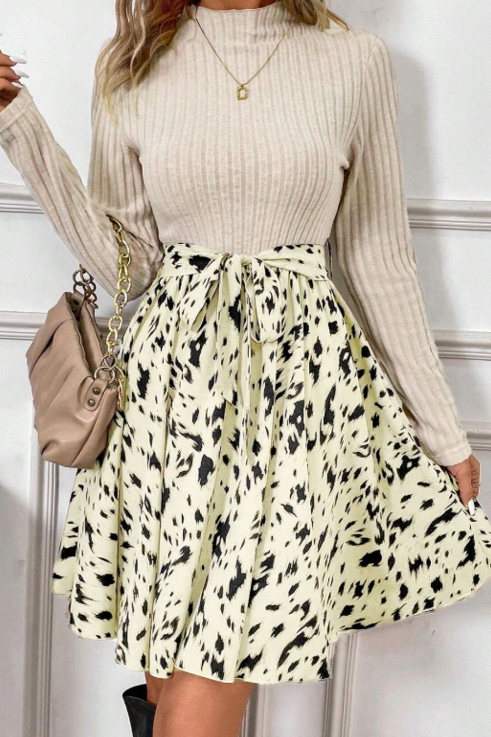 Printed Tie Waist Mock Neck Long Sleeve Dress