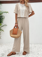 Lace Detail Round Neck Top and Pants Set