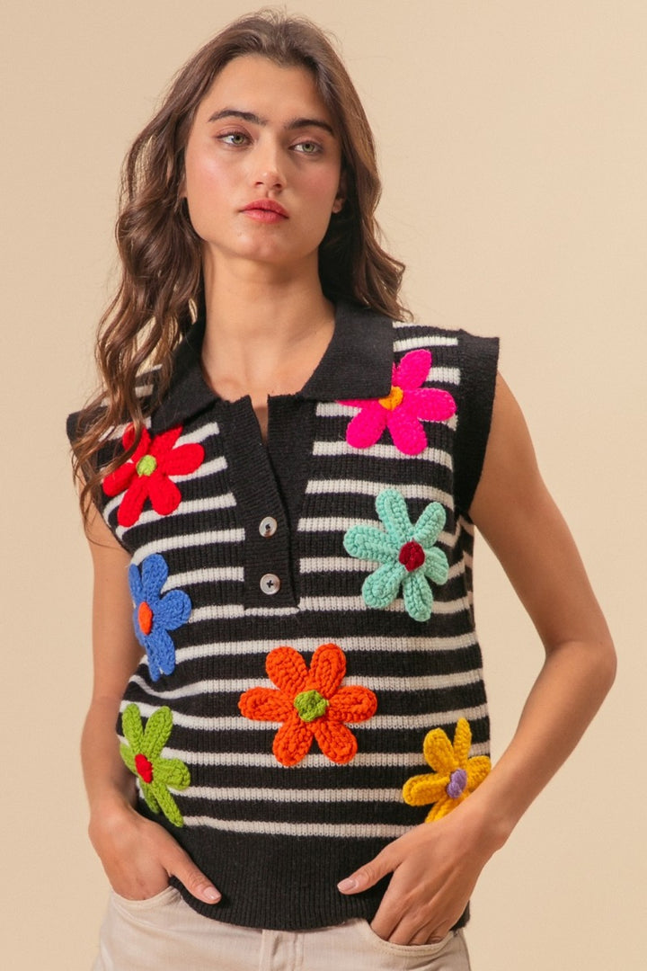 BiBi Flower Patch Striped Half Button Sweater Vest