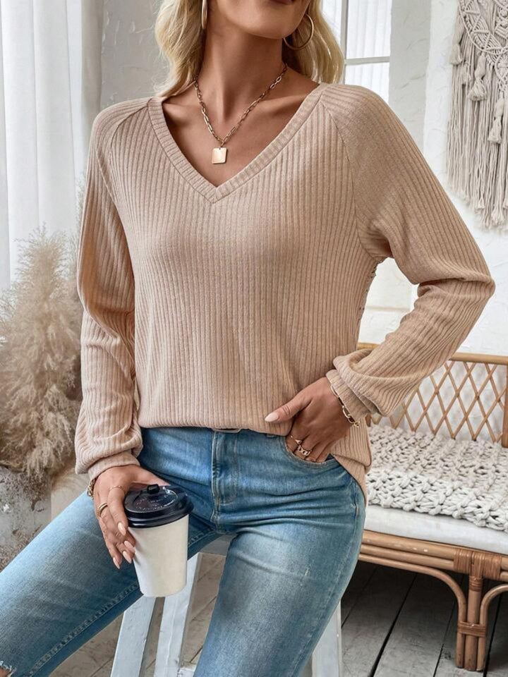 Lace Detail Cutout V-Neck Long Sleeve T-Shirt