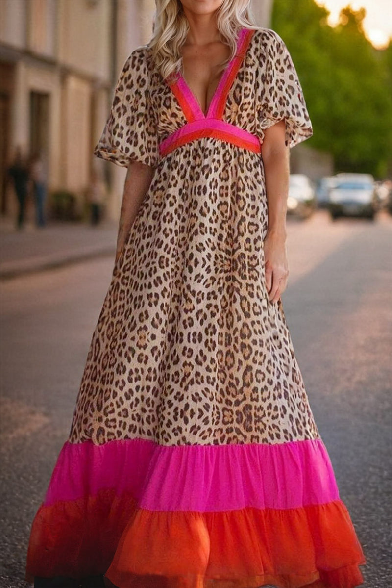 Full Size Leopard V-Neck Half Sleeve Maxi Dress