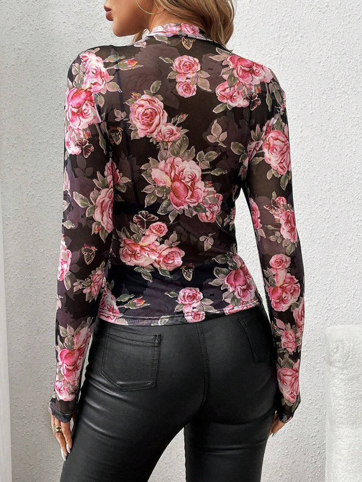 Mesh Floral Mock Neck Long Sleeve Top