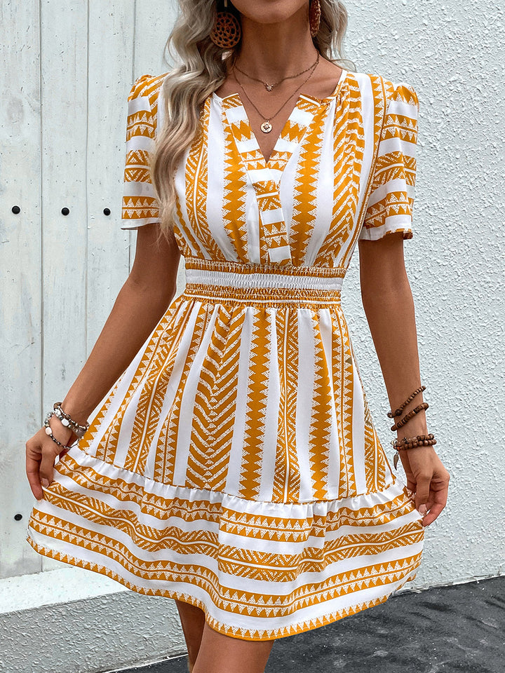 Geometric Notched Short Sleeve Mini Dress