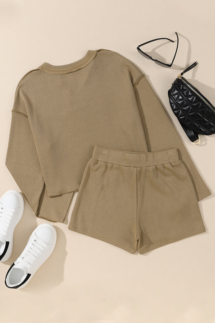 Exposed Seam Long Sleeve Top and Drawstring Shorts Set