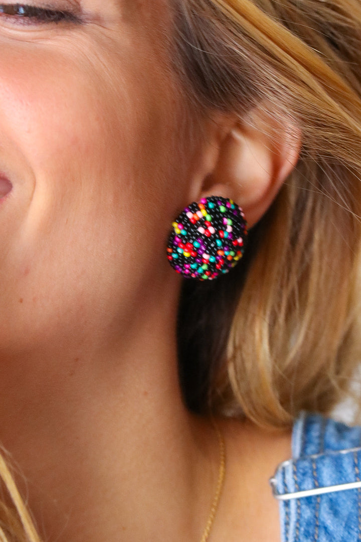 Black Multicolor Bead Stud Earrings