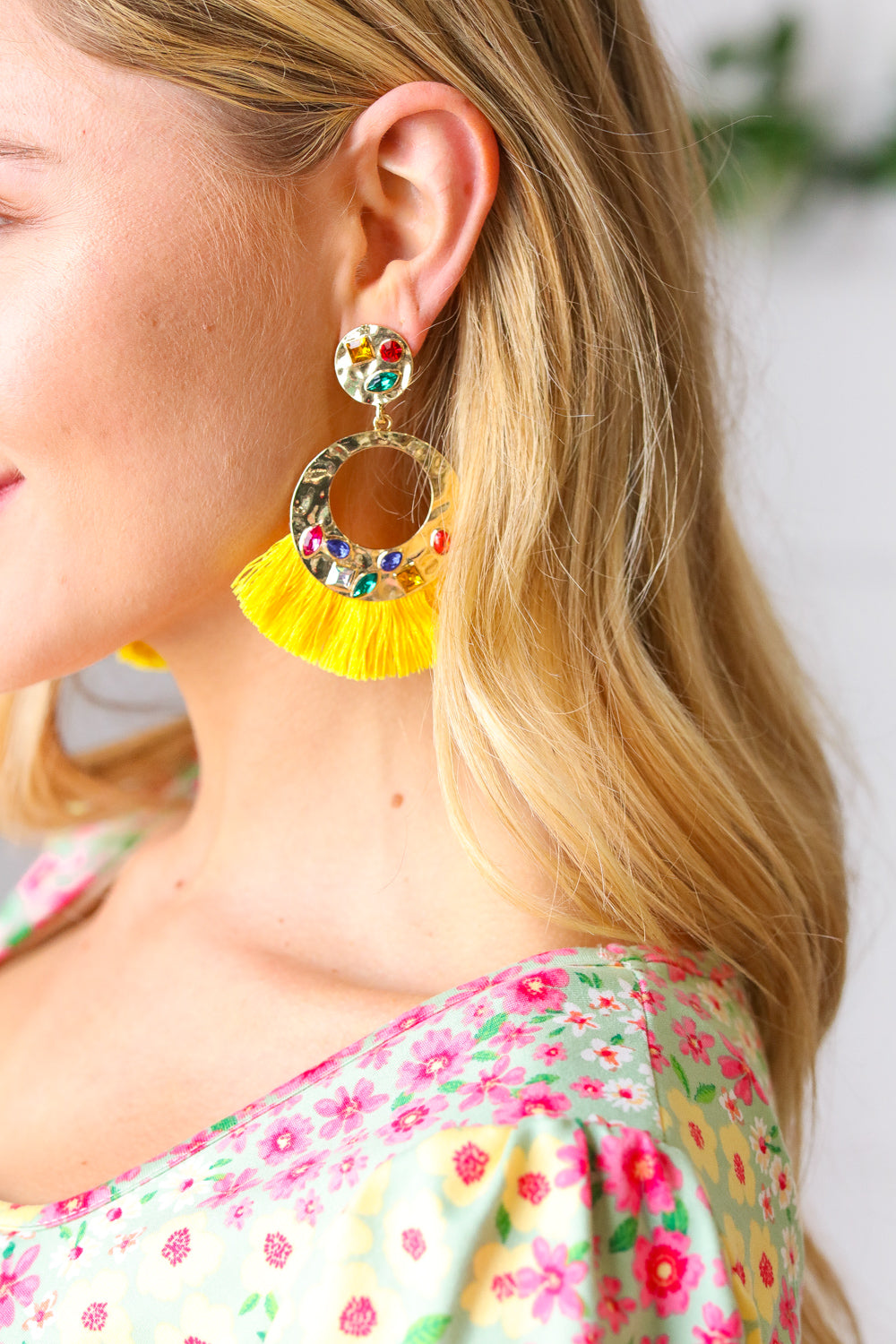 Canary Boho Rhinestone Tassel Gold Drop Earrings