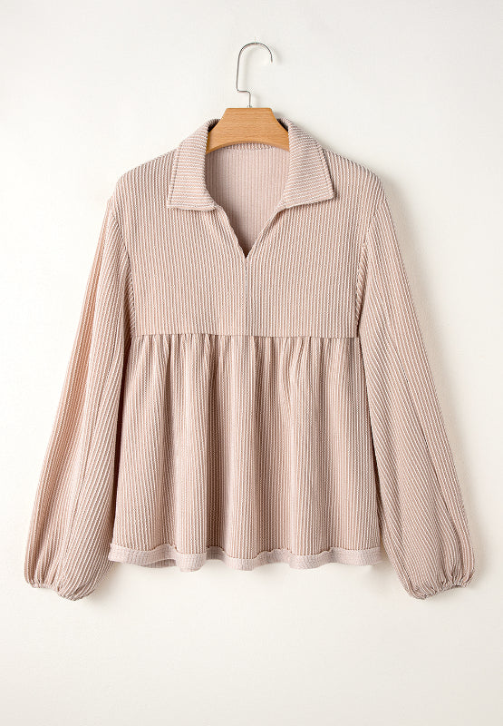 Texture Collared Neck Long Sleeve Blouse