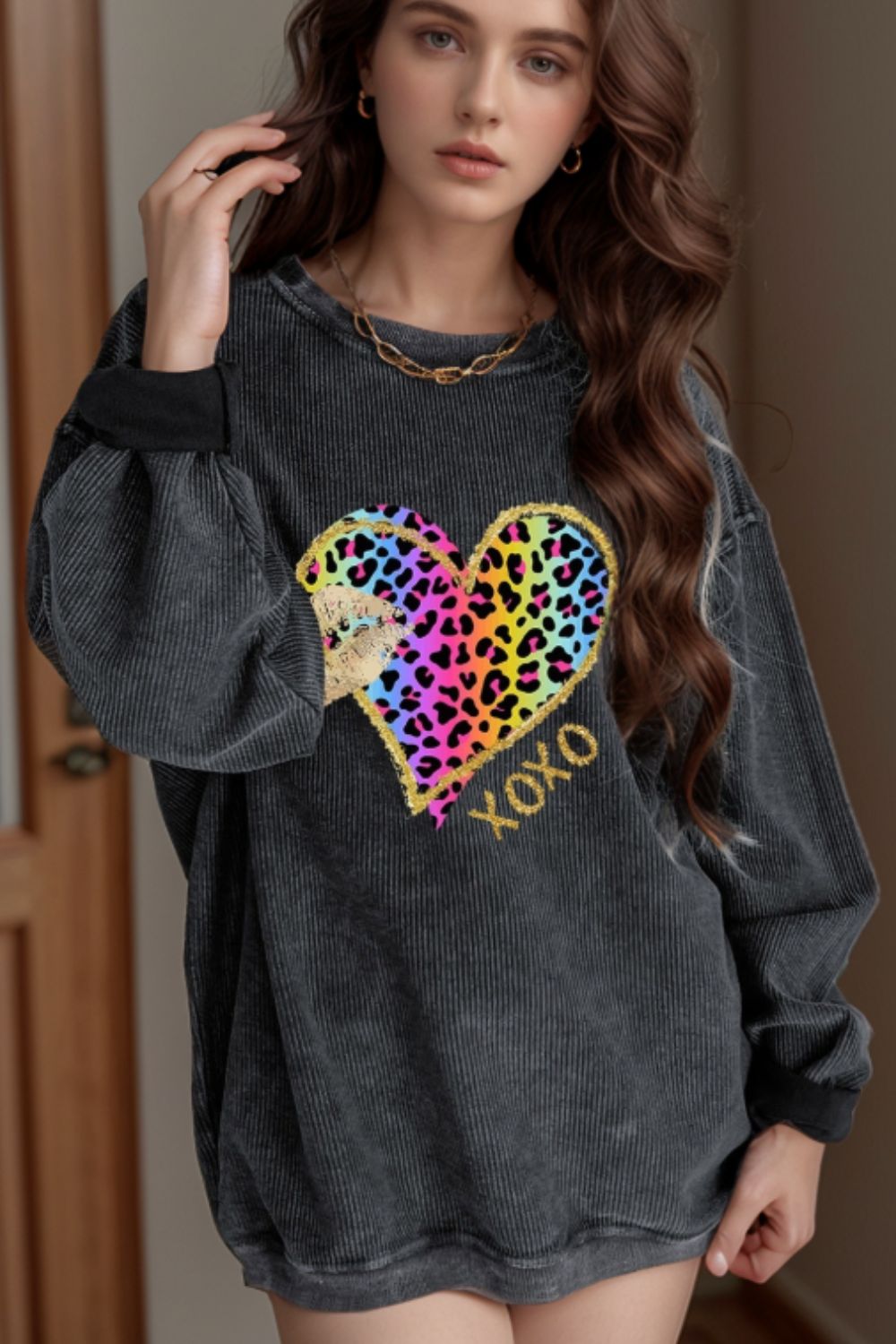 Leopard Heart Drop Shoulder Long Sleeve Sweatshirt