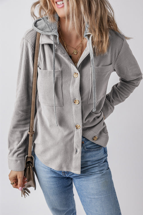 Drawstring Button Up Long Sleeve Hooded Jacket