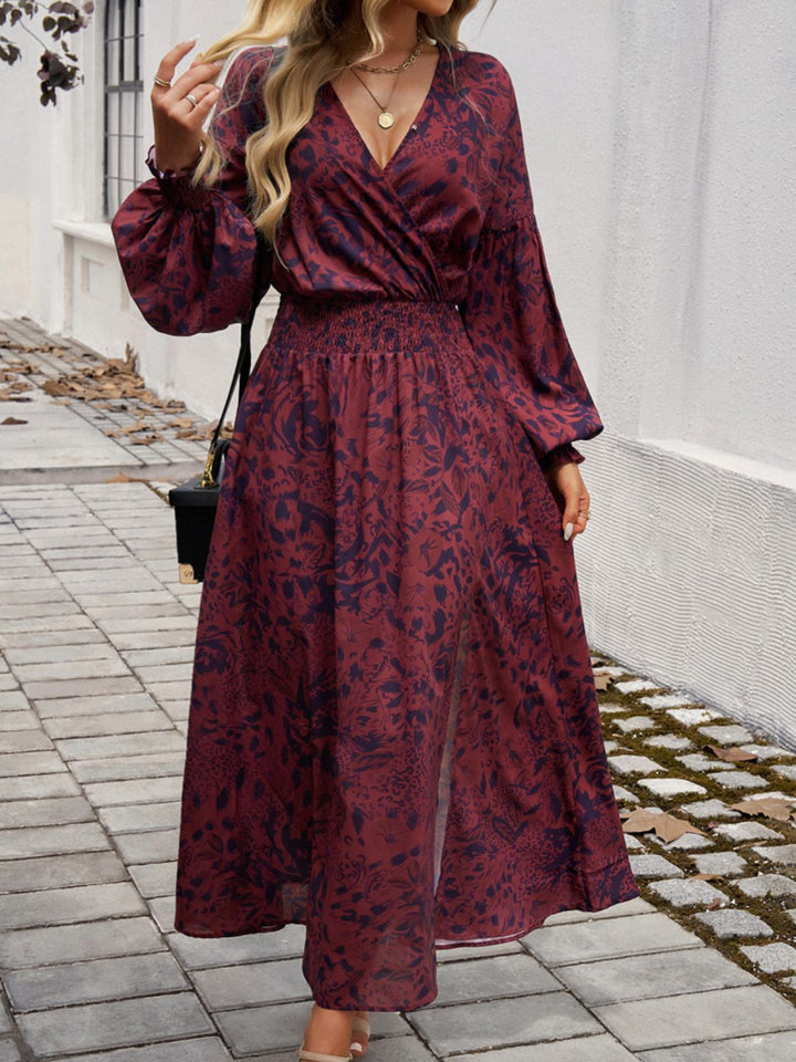 Split Printed Surplice Long Sleeve Midi Dress