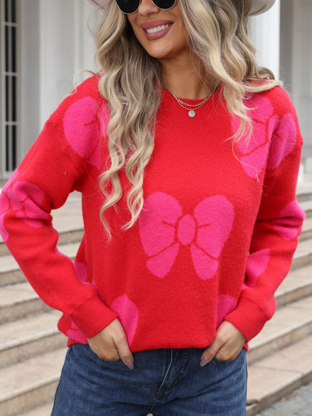 Bow Round Neck Dropped Shoulder Sweater