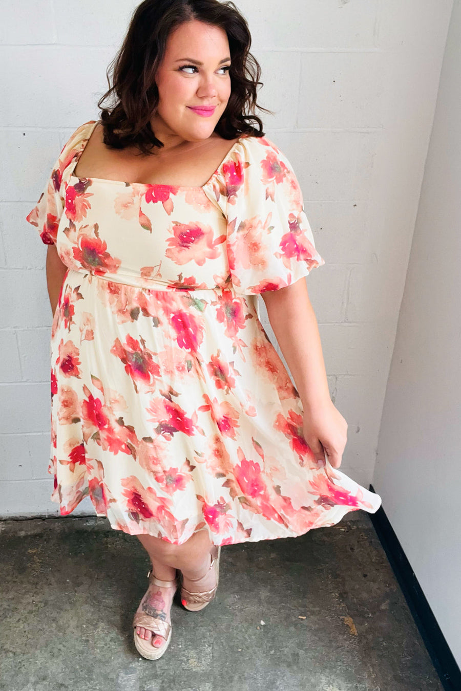 Peach Floral Chiffon Puff Sleeve Dress – The Pink Burd