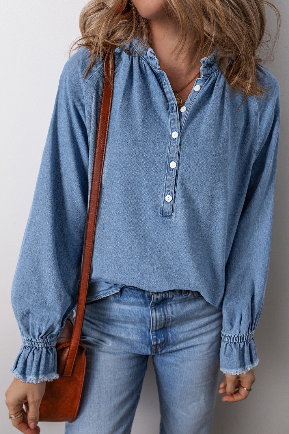 Half Button Long Sleeve Denim Top