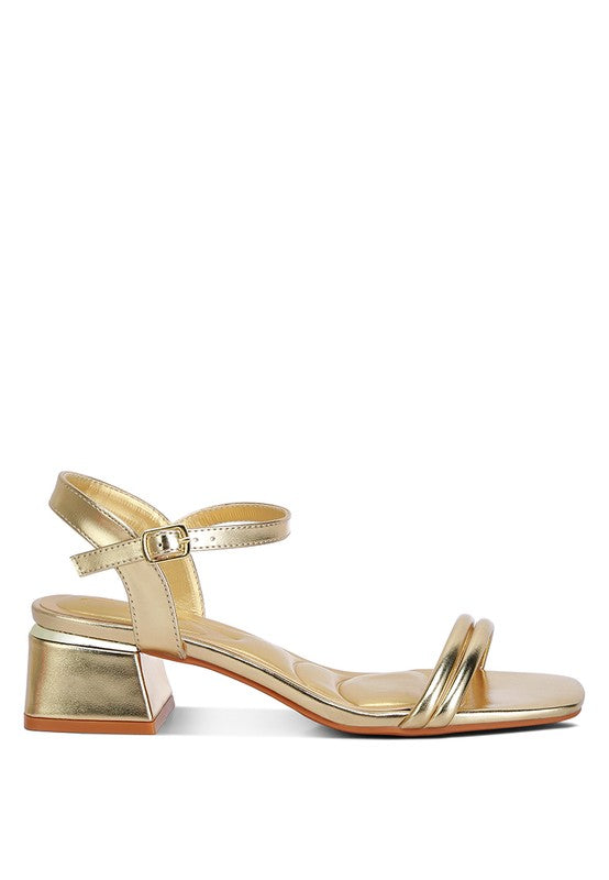 Zabou Metallic Ankle Strap Low Block Heels