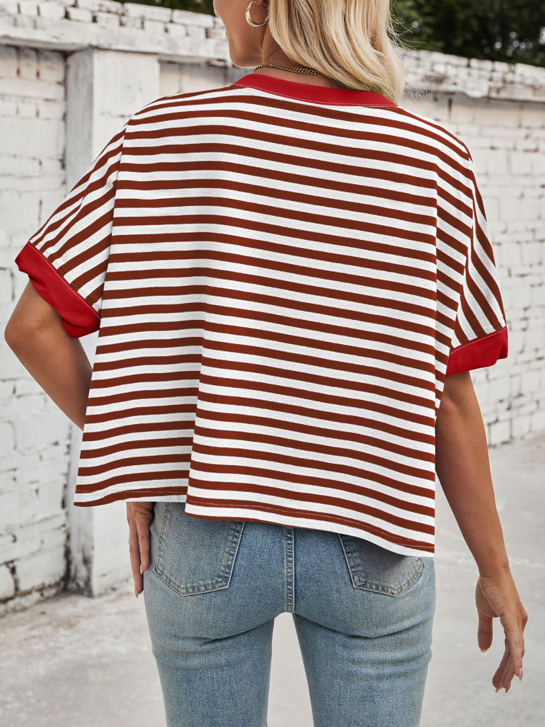 Lovelet Striped Round Neck Short Sleeve T-Shirt