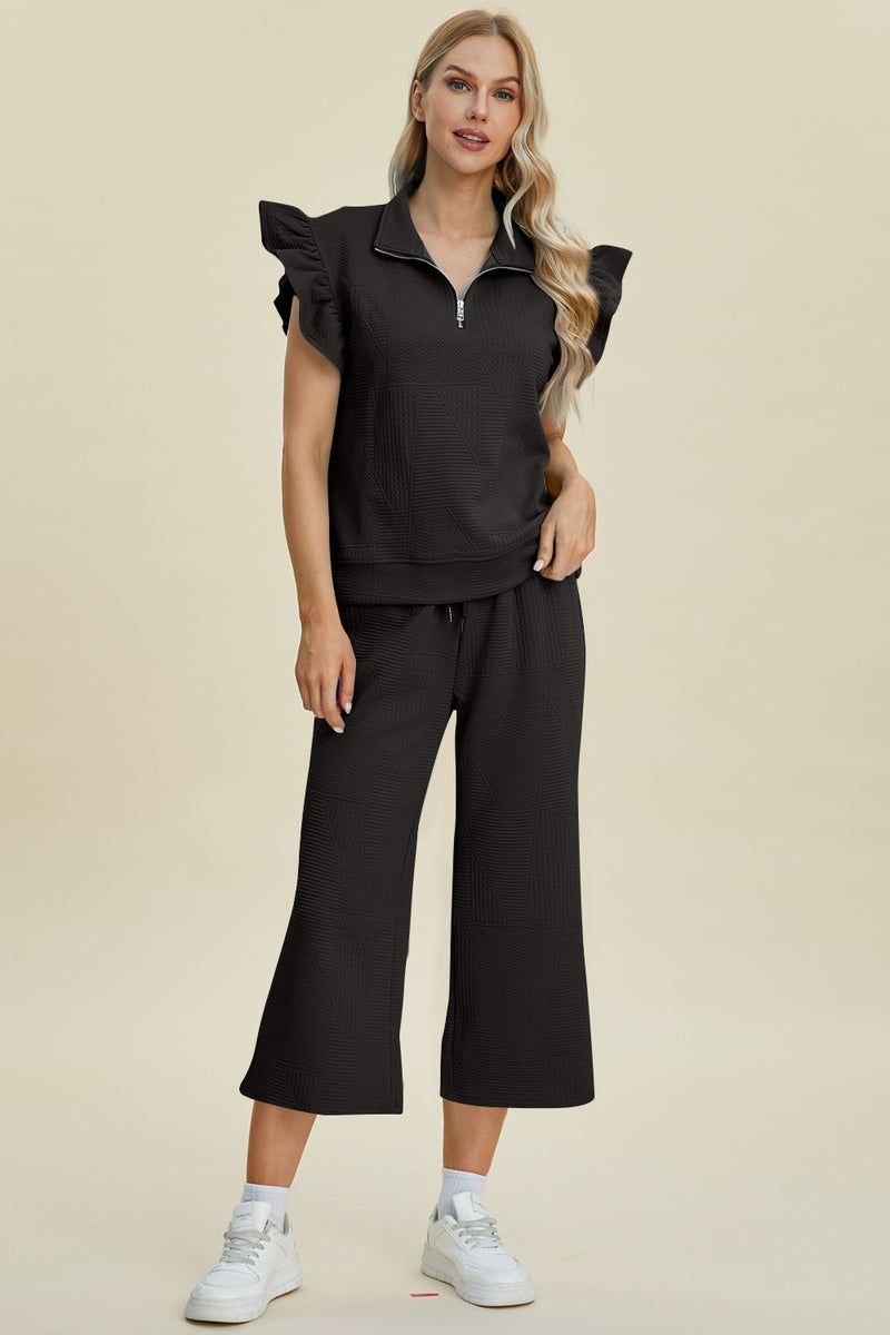 Double Take Full Size Texture Ruffle Short Sleeve Top and Wide Leg Pants Set