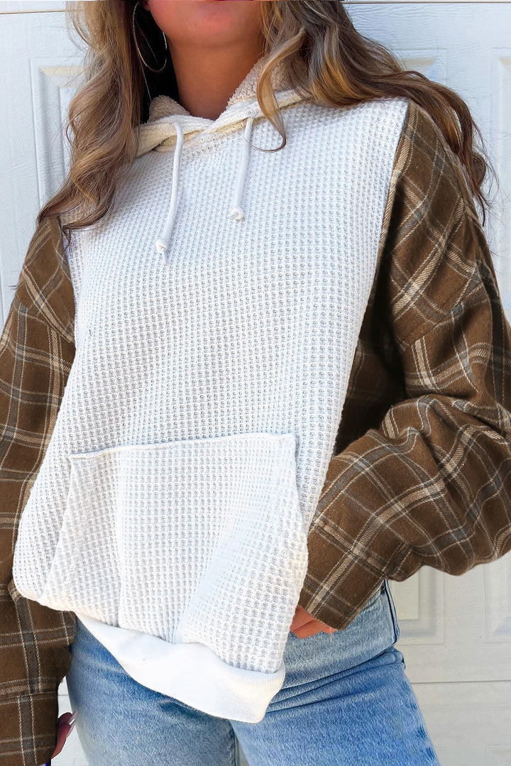 Waffle Knit Plaid Long Sleeve Kangaroo Pocket Hoodie