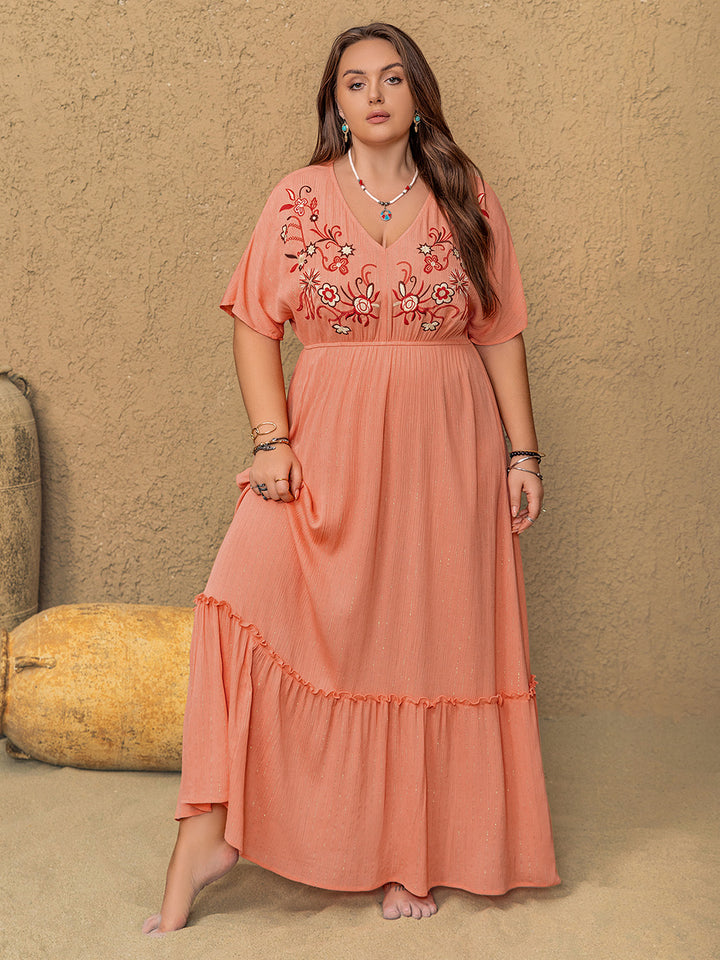 Plus Size Frill Embroidered V-Neck Half Sleeve Maxi Dress