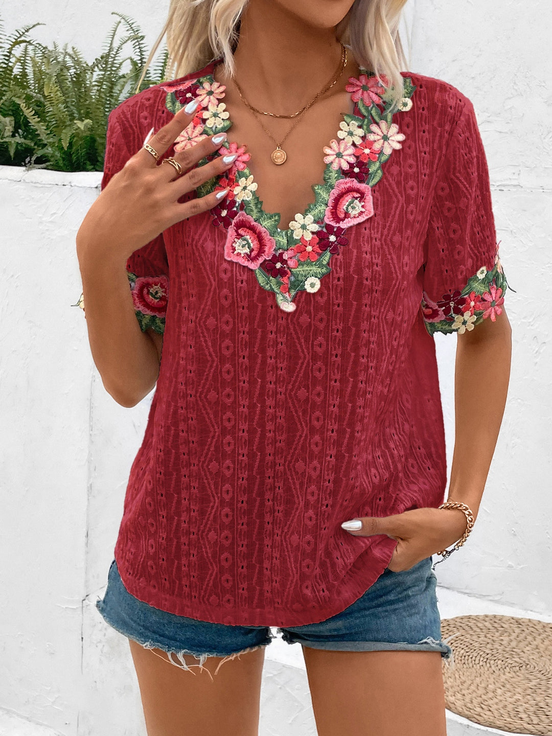 Eyelet Embroidered V-Neck Short Sleeve Blouse