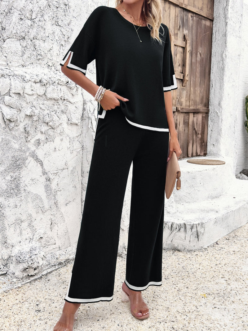 Contrast Trim Round Neck Top and Pants Set