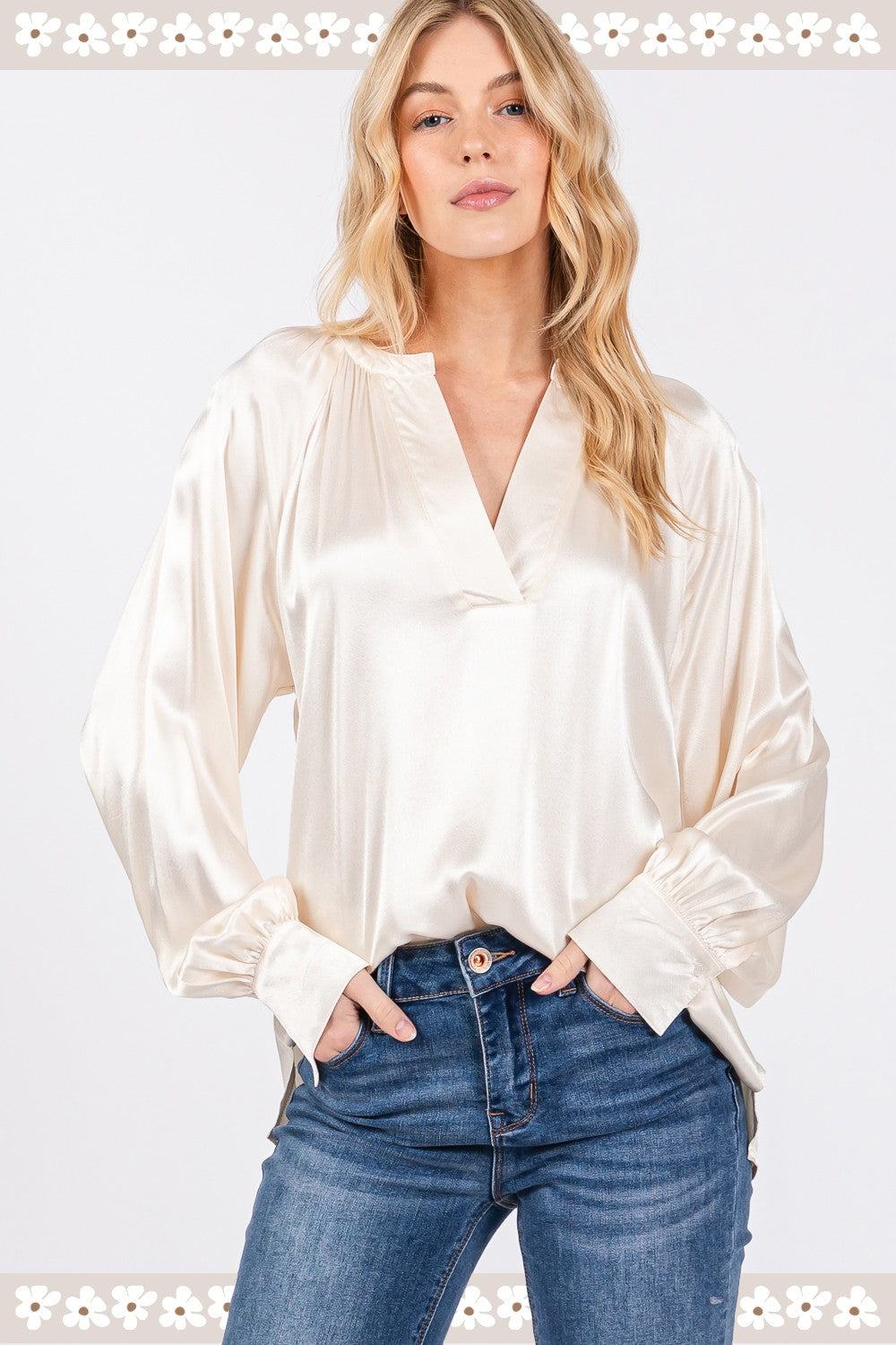 SAGE + FIG Notched Long Sleeve Blouse