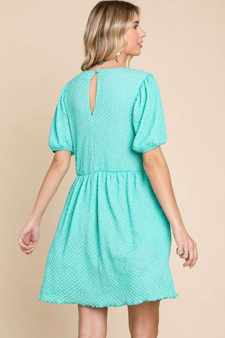 Culture Code Full Size Textured Round Neck Puff Sleeve Dress