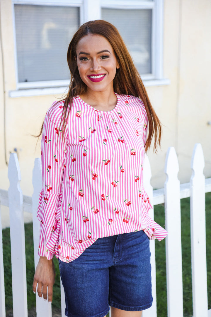 Make You Smile Pink Stripe & Cherries Bell Sleeve Top