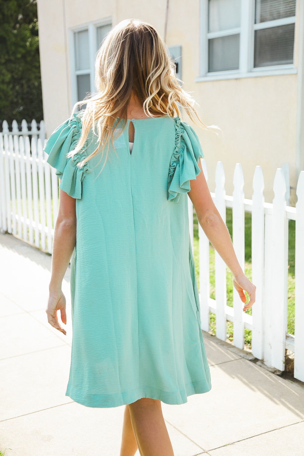 Out For The Day Sage Crinkle Woven Ruffle Sleeve Dress