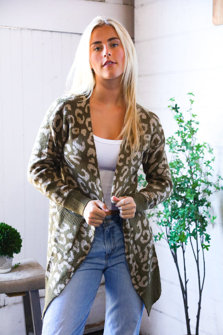 Lounging in Leopard Olive Cardigan