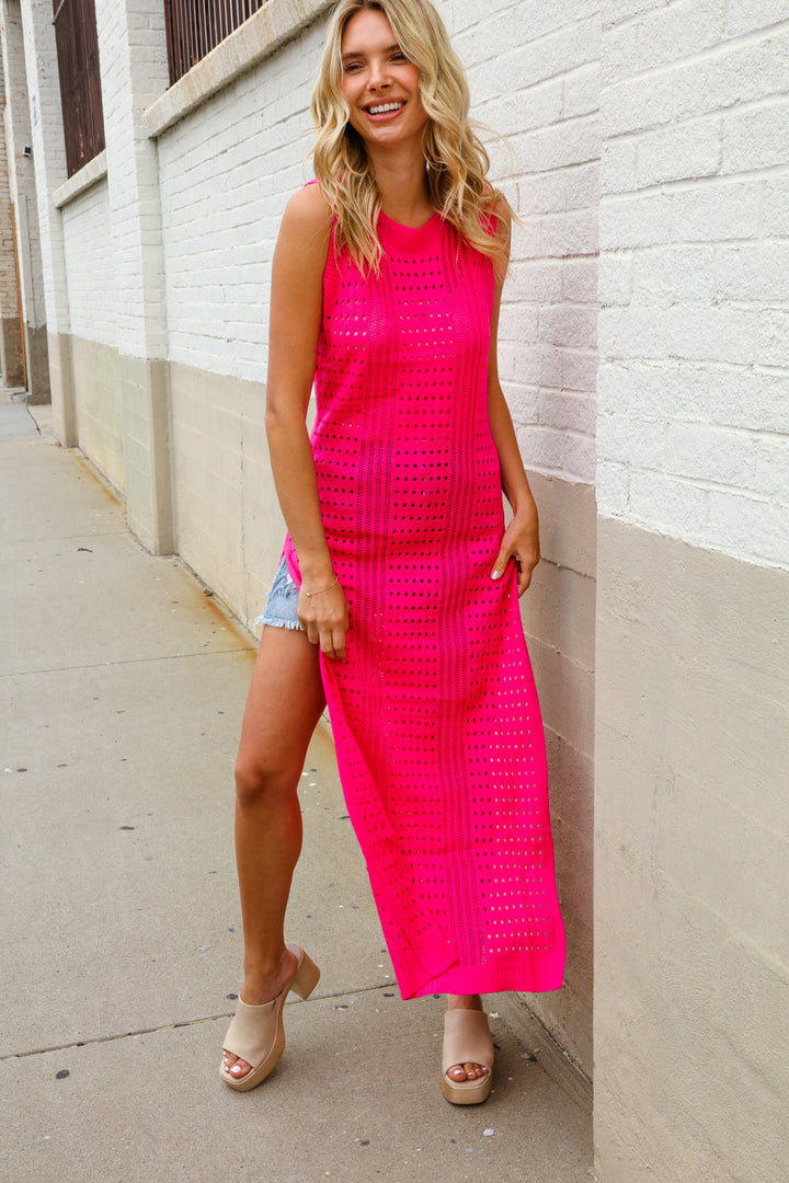 The Perfect Find Hot Pink Pointelle Sleeveless Side Slit Midi Coverup