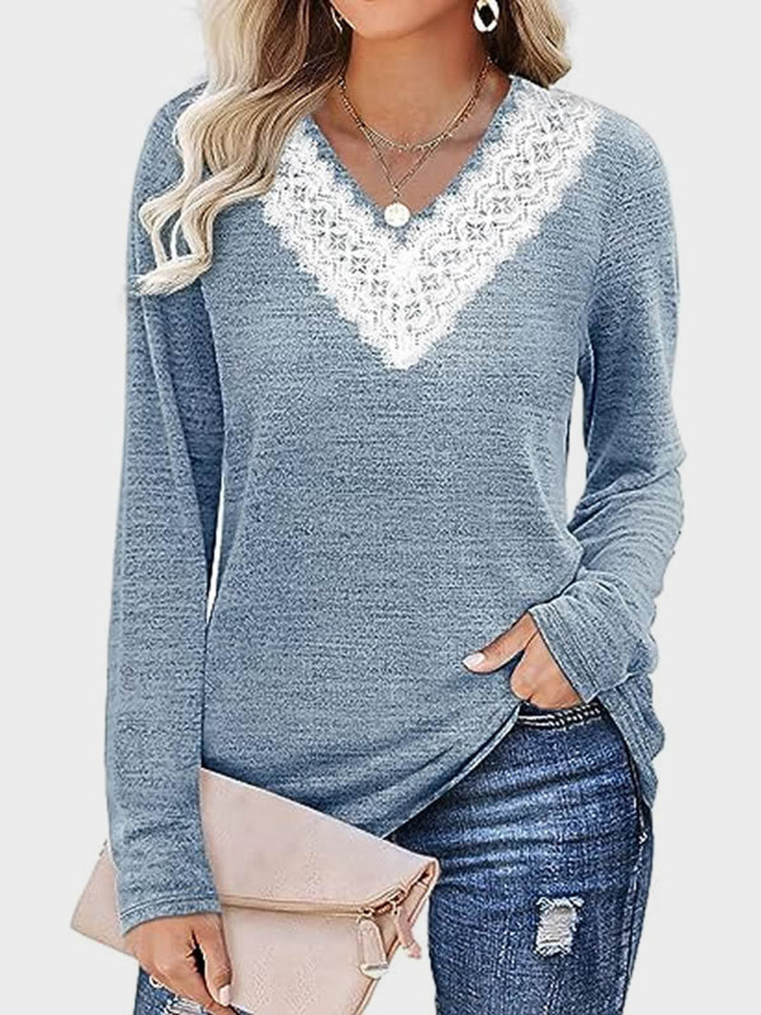 Lace Detail V-Neck Long Sleeve T-Shirt