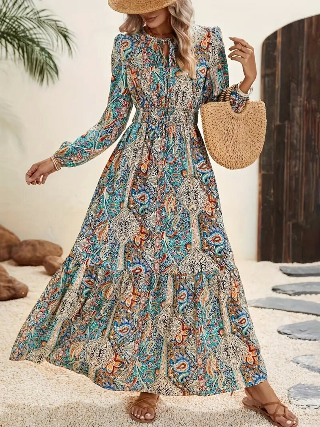 Printed Tie Neck Long Sleeve Maxi Dress