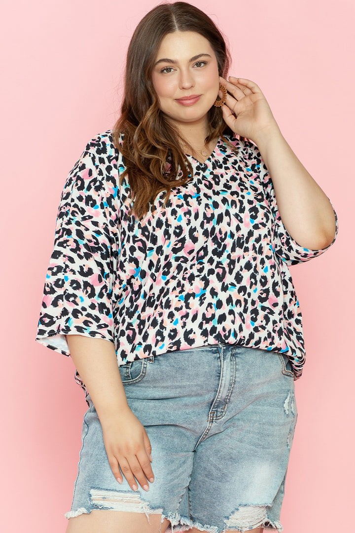 Plus Size Leopard V-Neck Three-Quarter Sleeve Blouse