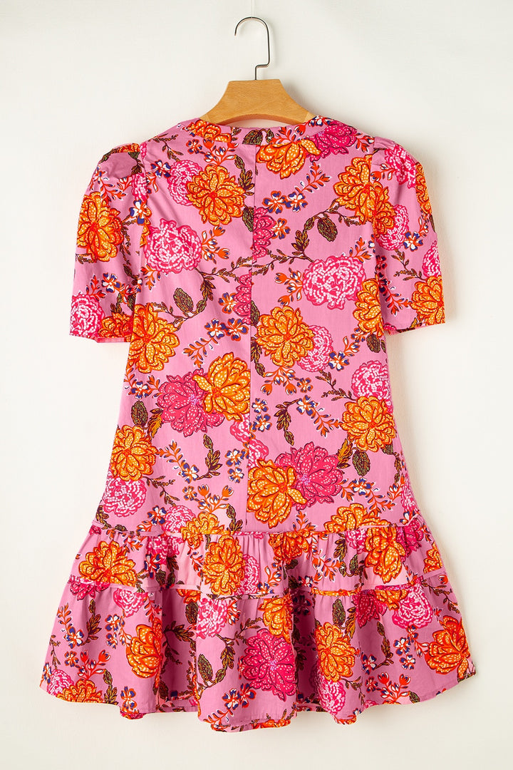 Ruffled Printed Short Sleeve Mini Dress