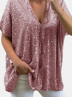 Full Size Sequin V-Neck Short Sleeve Top