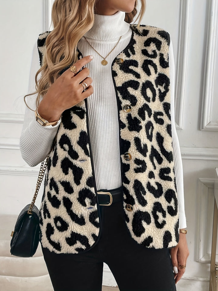 Leopard Button Up Sherpa Vest