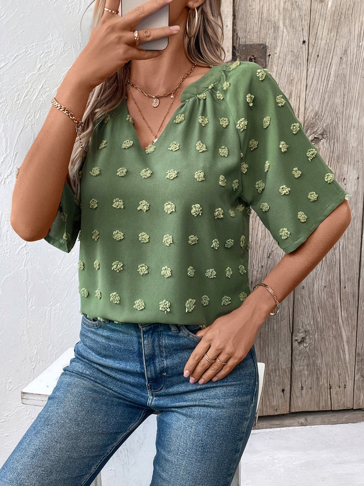 Swiss Dot Notched Half Sleeve Blouse